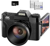 VETEK 4K Digital Cameras for Photography 48MP Vlogging Camera 16X Digital Zoom Manual Focus Rechargeable Students Compact Camera with 52mm Wide-Angle & Macro Lens, 32G TF Card and 2 Batteries W01