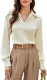 GRACE KARIN Women’s Satin Silk Blouse Lapel V Neck Long Sleeve Casual Work Blouse Shirts Pullover Tops